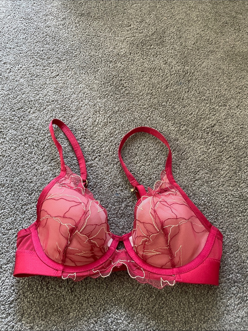 SOMA 32B linework embroidered plunge Women's red gold Lace Underwire Bra